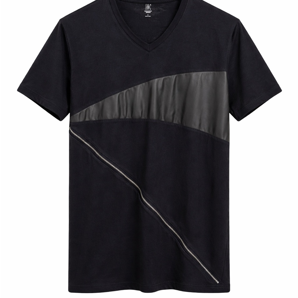 INC International Concepts Black V-Neck Tee with Leather Accent